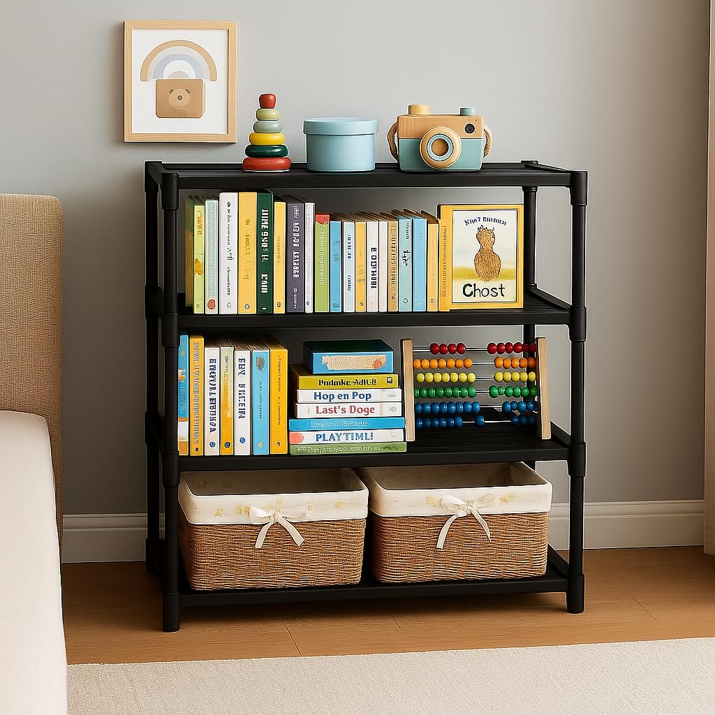 Bookshelf with books, toys, and baskets in a room setting