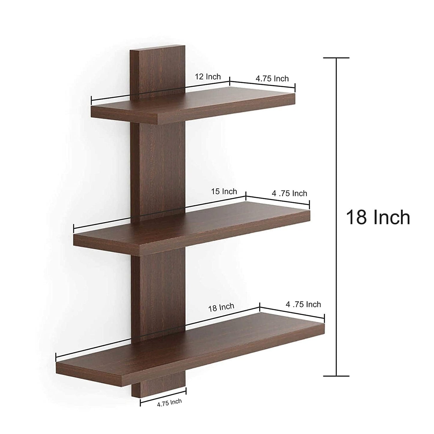 Wooden wall shelves with measurements on a white background