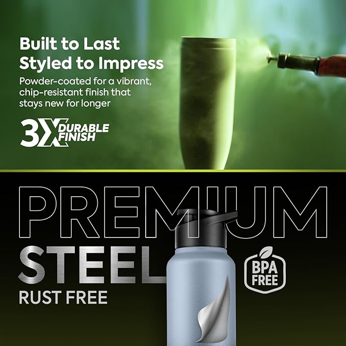 Advertisement for a premium steel water bottle with text about durability and features.