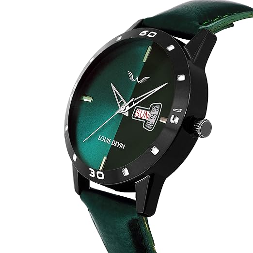 Green watch with black strap and detailed face on a white background
