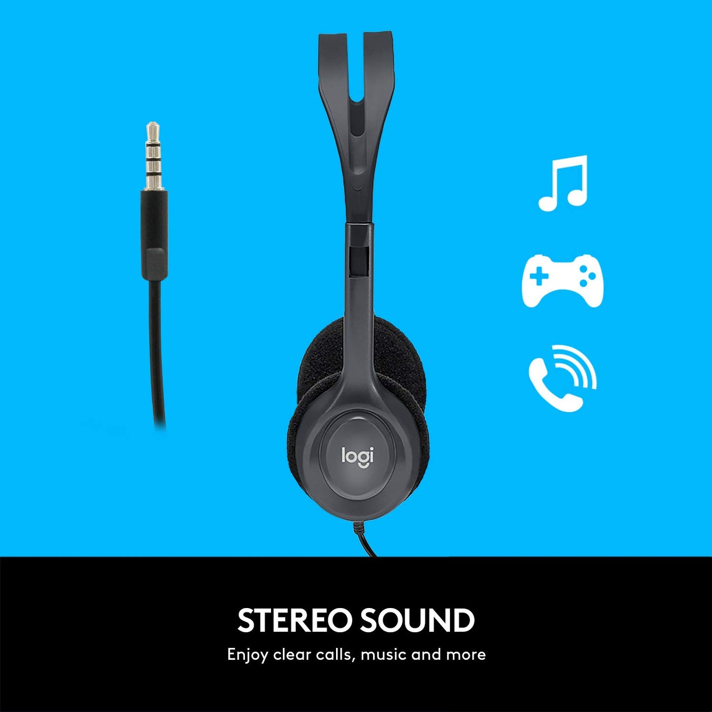 Black headphones with audio cable on a blue background, featuring Logitech logo.