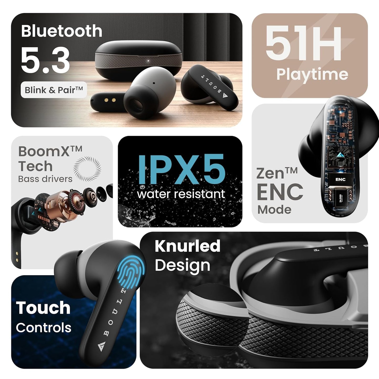 GOBOULT Z20 Truly Wireless Bluetooth Ear Buds with 51H Playtime, Zen™ Calling ENC Mic, Made in India, Low Latency Gaming, Touch Controls, Rich Bass Drivers, TWS Earbuds Bluetooth Wireless (Jet Black) - Itsmygadgets