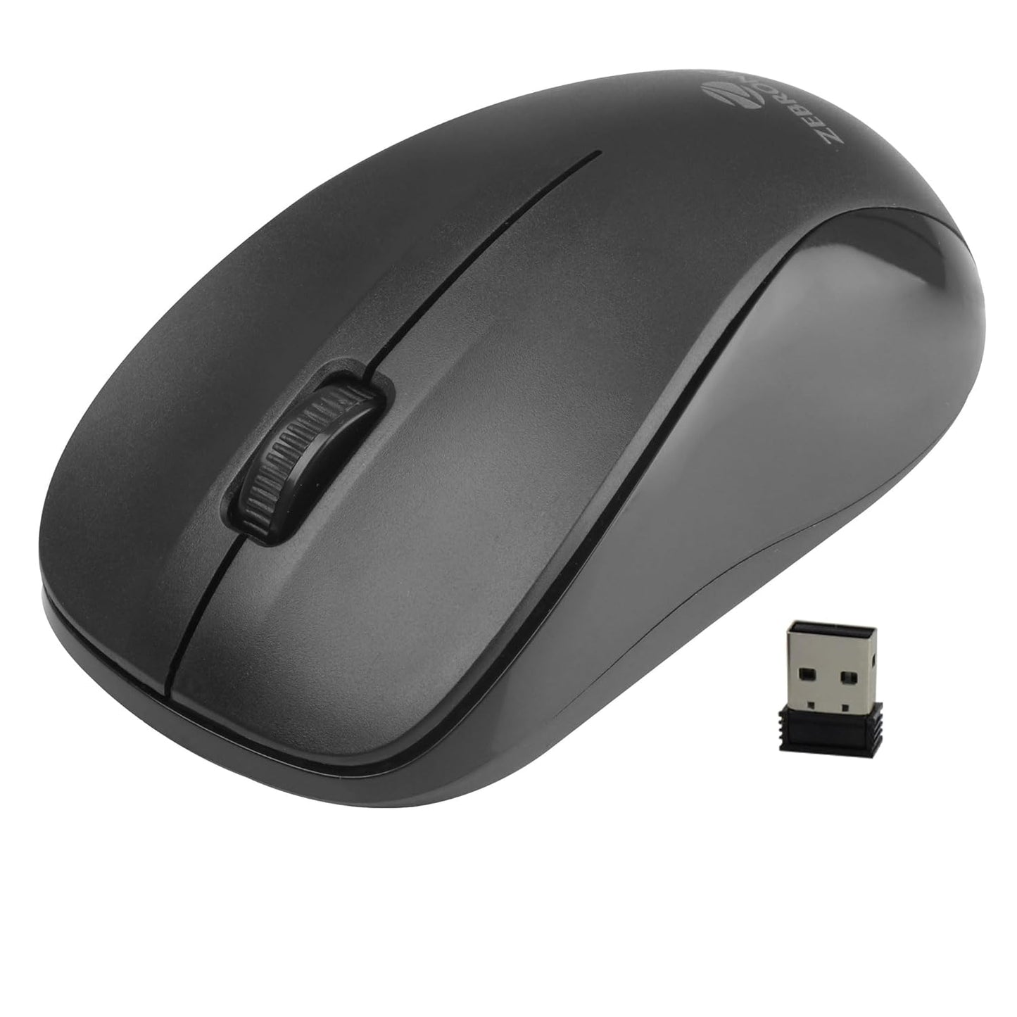 Black computer mouse with wireless receiver on a white background