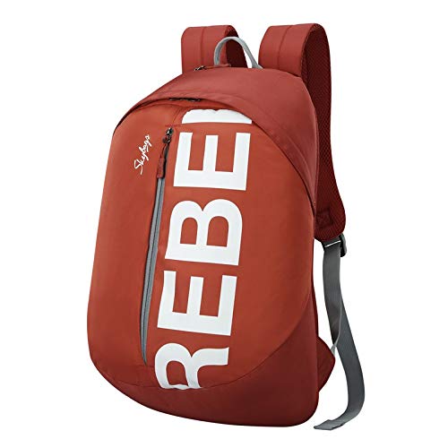 Red backpack with 'REBEL' printed on it against a white background