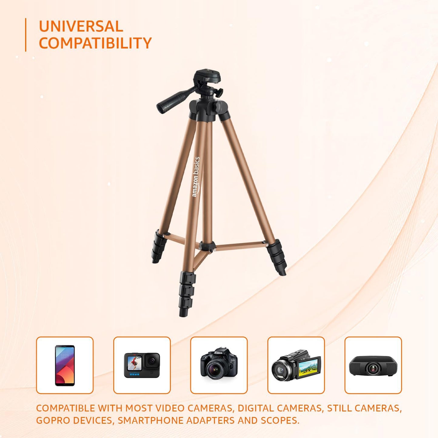 Camera tripod with compatibility text on a beige background