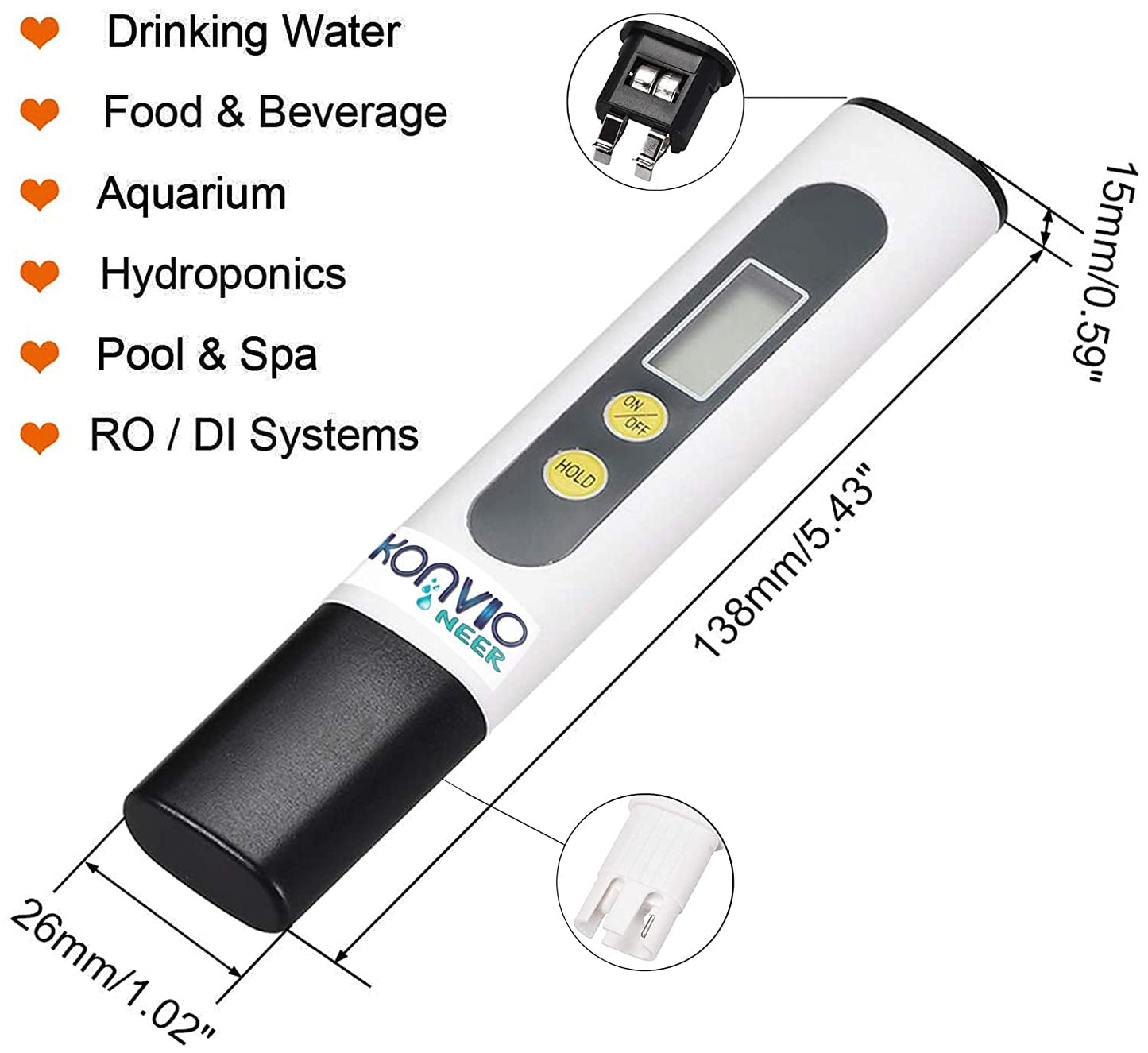 Digital water quality tester with measurements and application areas on a white background