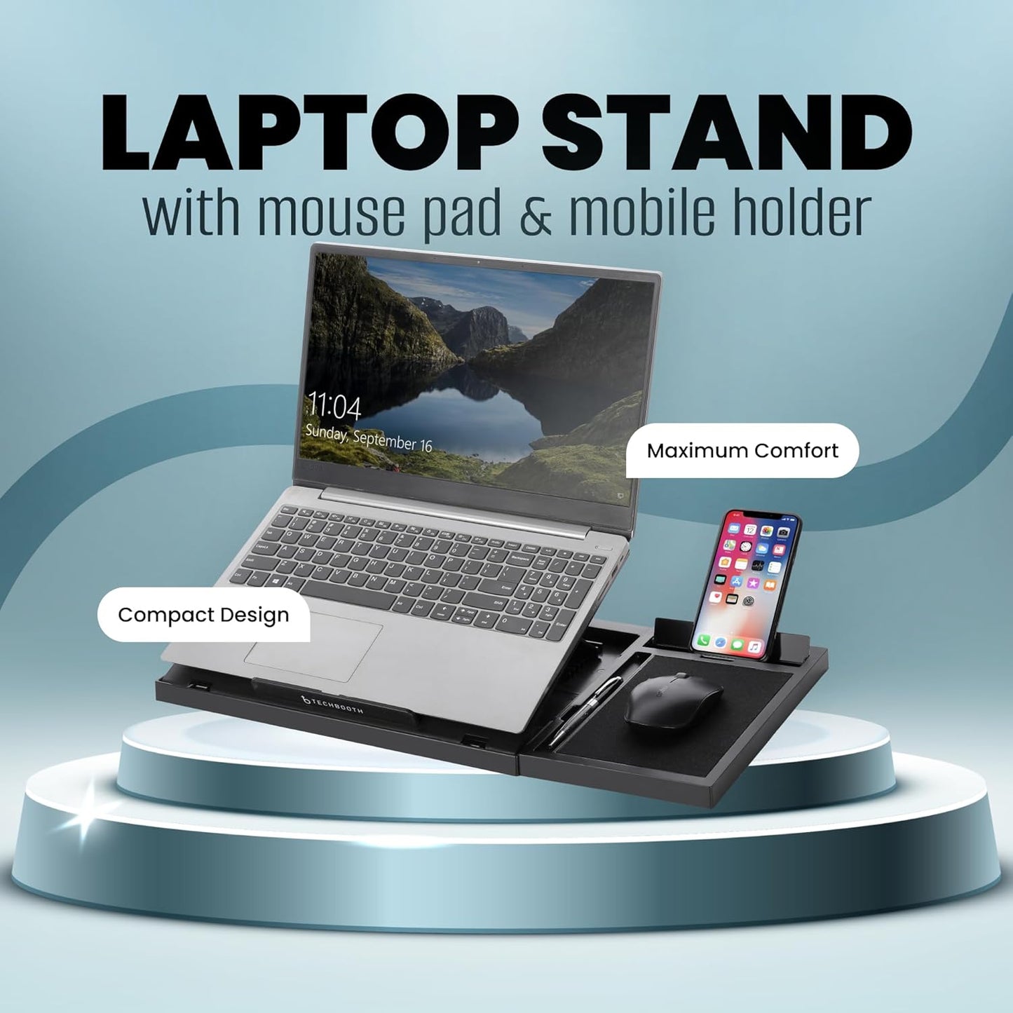 Laptop stand with mouse pad and mobile holder on a blue background