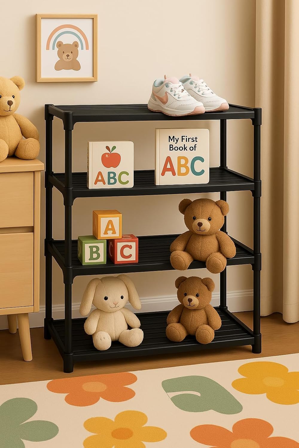 Black metal shelf with toys and children's items in a room setting
