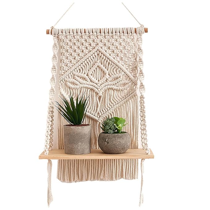 Decazone Macrame Wall Hanging Shelf – Boho Floating Shelf Beige - Itsmygadgets