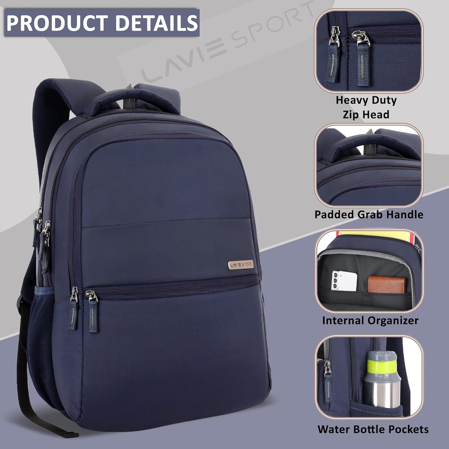 Lavie Sport 47cm Osprey 28 litres Laptop Backpack for Men & Women | Business Laptop Bag | Upto 15.6" Notebook/MacBook Compatible (Navy) - Itsmygadgets