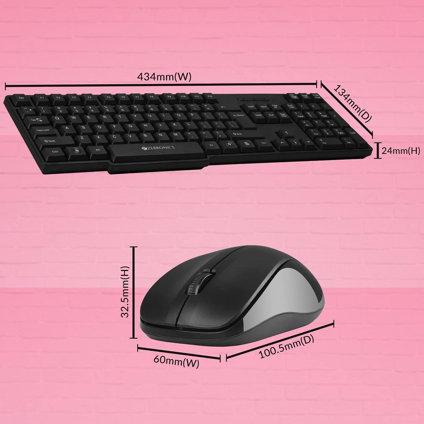 Black keyboard and mouse with measurements on a pink background