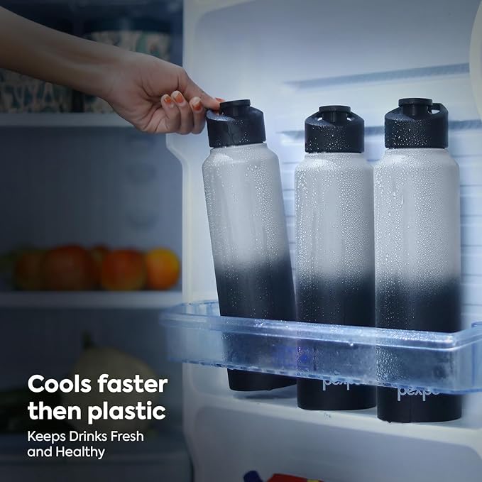 Person reaching for a water bottle in a refrigerator with text about faster cooling and freshness.