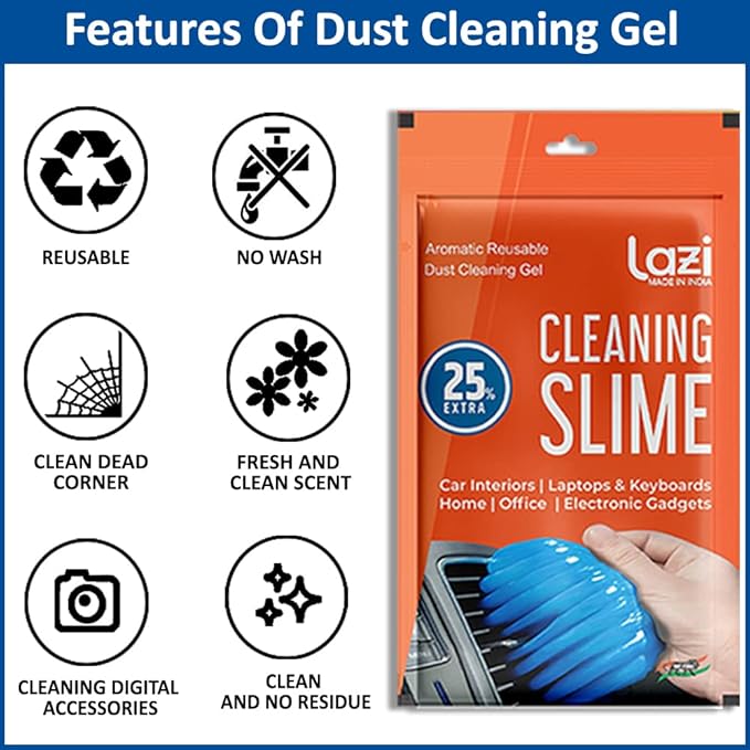 Lazi Cleaning Slime packaging with features listed on a blue background