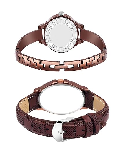 Two brown wristwatches with different strap designs on a white background