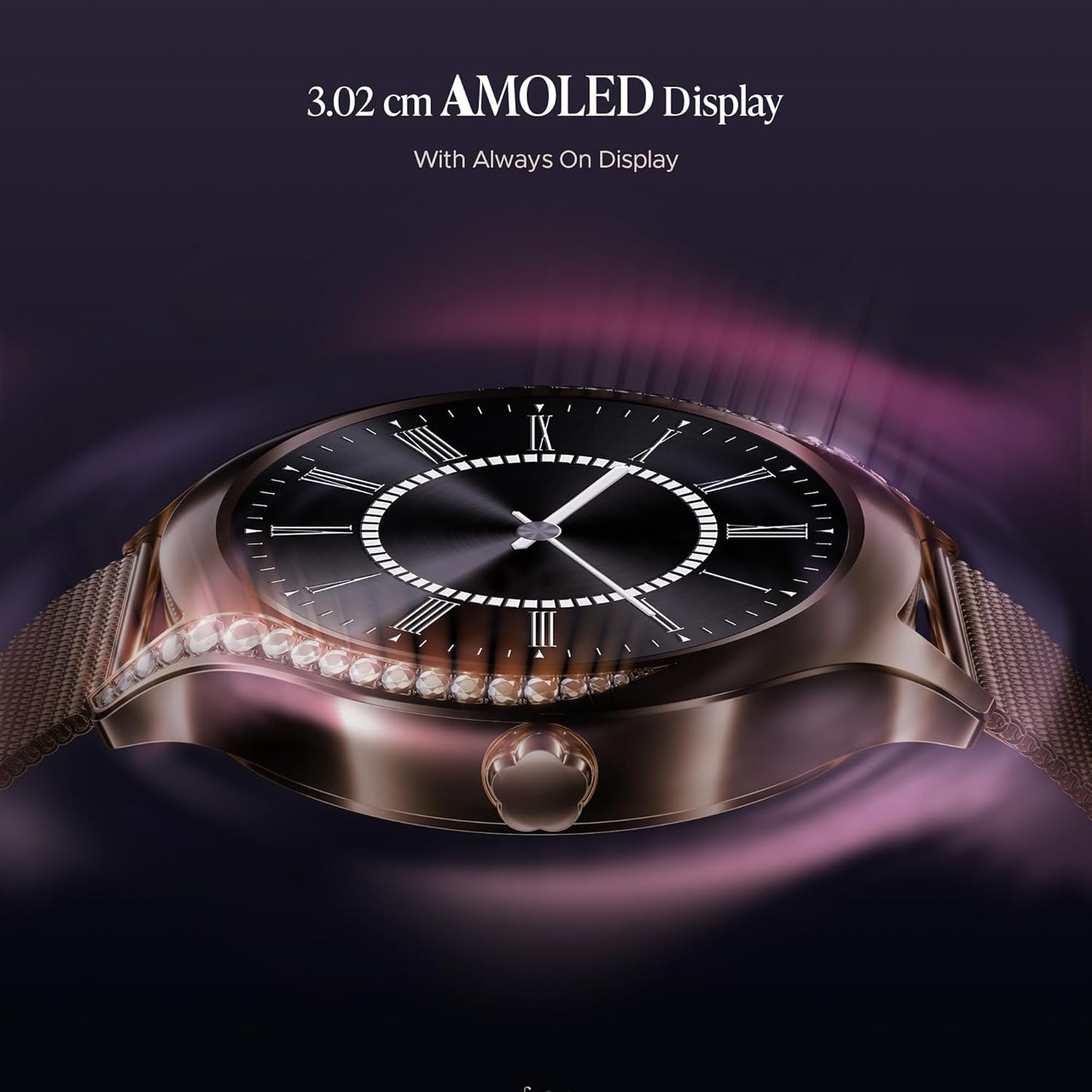 boAt Enigma Gem Women's Luxury Smart Watch w/ 1.19” (3.02cm) AMOLED Display, Emergency SOS Live Location Sharing, Watch Face Studio, QR Tray, BT Calling, 700+ Active Mode, HR & SpO2 (Rose Gold) - Itsmygadgets
