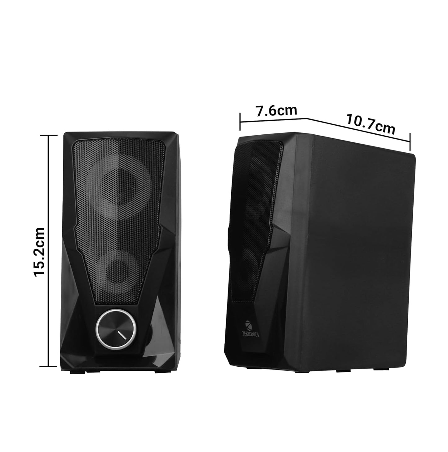 Black computer speakers with dimensions indicated on a white background