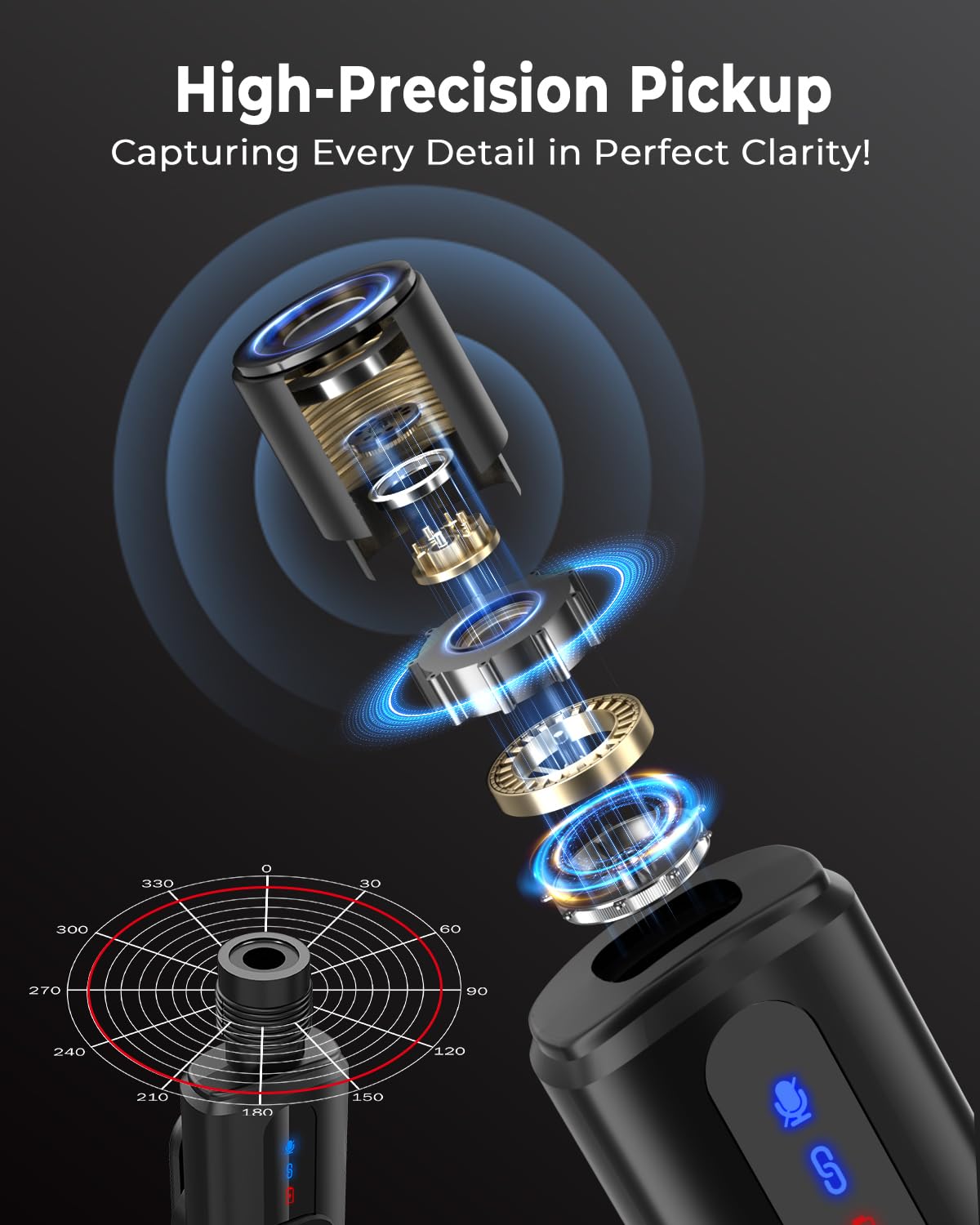 High-precision pickup device with detailed close-up and text on a dark background