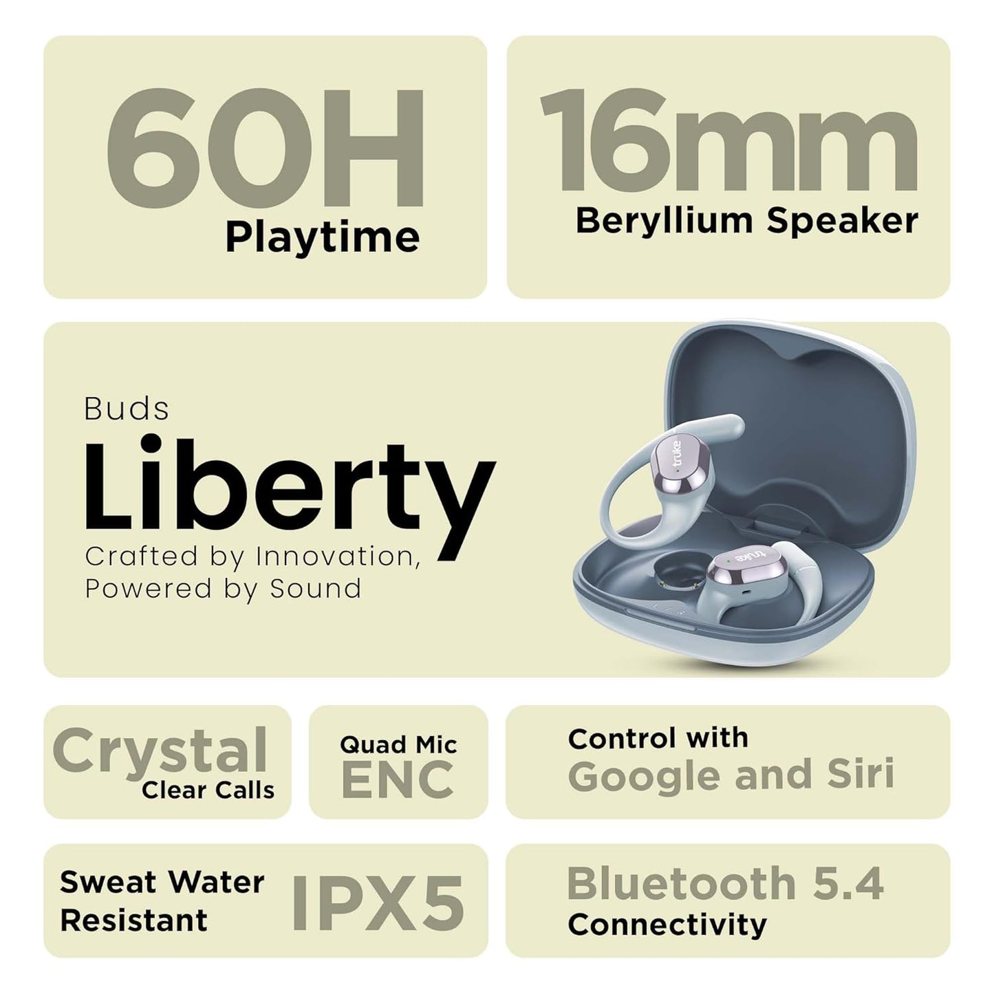 truke Buds Liberty Open-Ear Earbuds in Slate Blue feature 360Spatial™ Audio, 16mm beryllium speakers, 60H playtime, quad-mic clear calls, fast charging, and Bluetooth 5.4. - Itsmygadgets