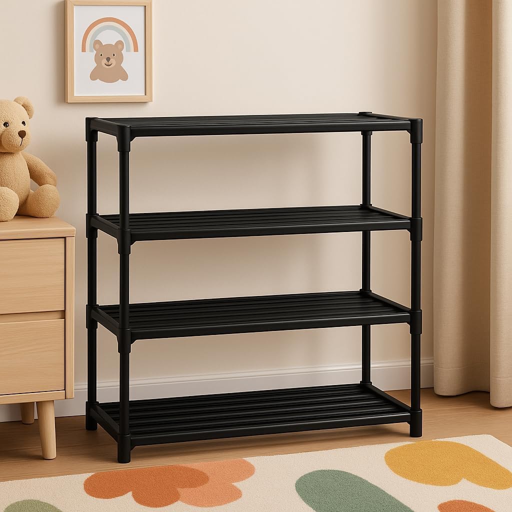 Black metal shelf with three shelves in a room setting.