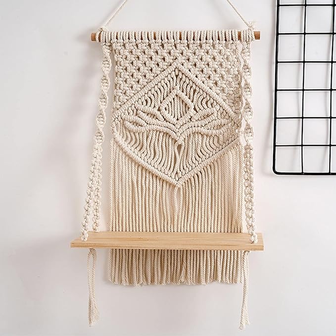 Decazone Macrame Wall Hanging Shelf – Boho Floating Shelf Beige - Itsmygadgets