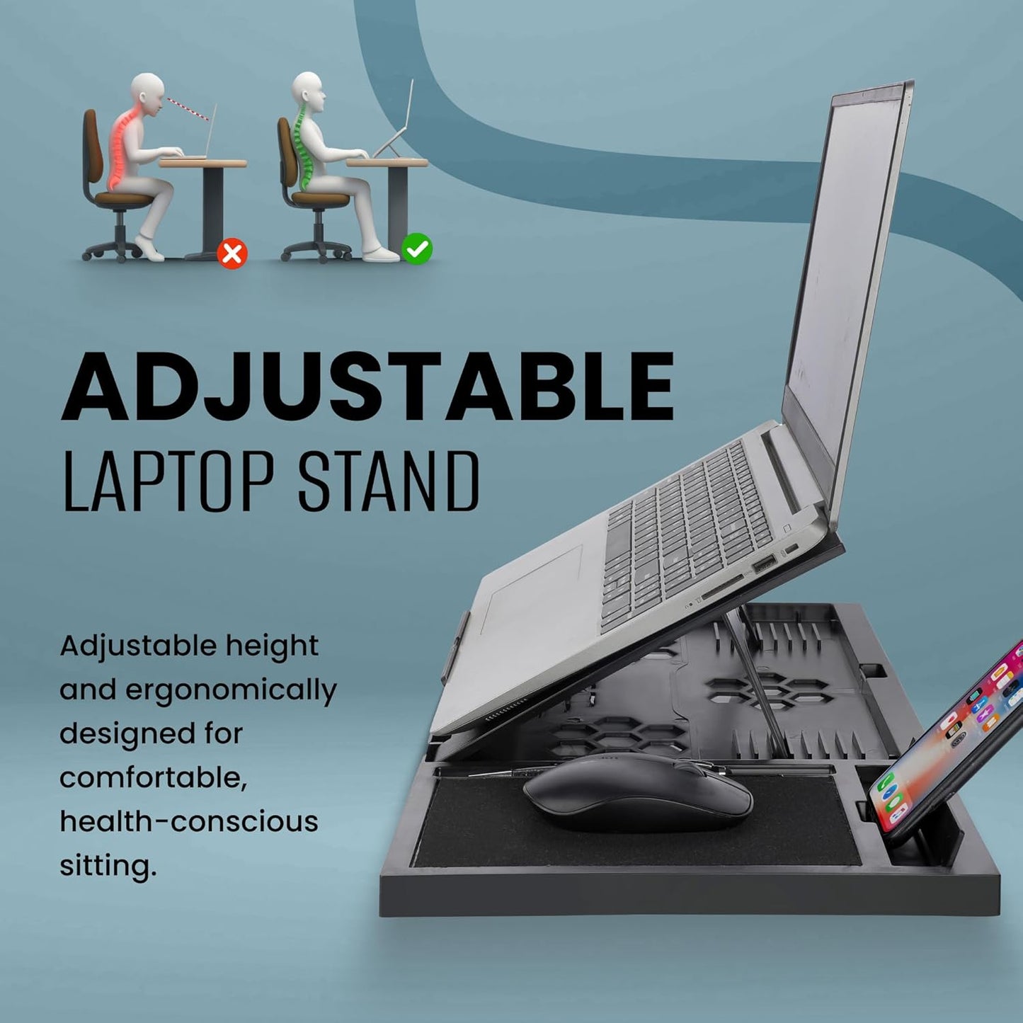 Adjustable laptop stand with a laptop, mouse, and smartphone on a blue background