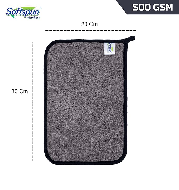 Gray microfiber cloth with dimensions and Softspun branding on a white background