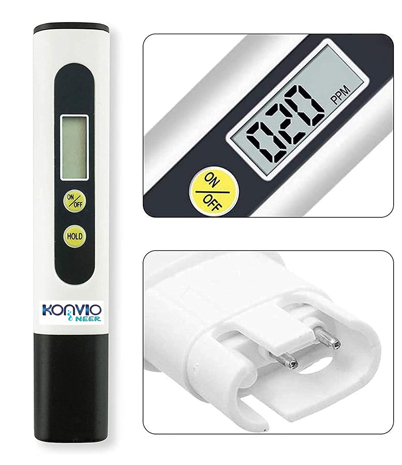 Digital water quality tester with display and branding on a white background