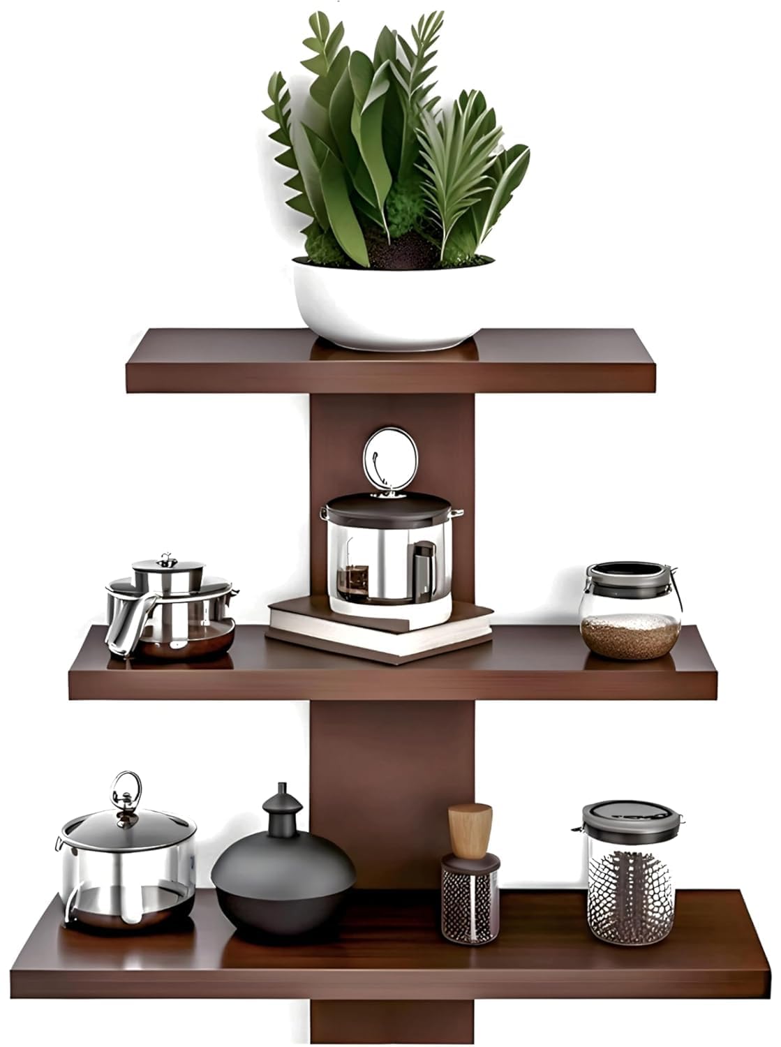 Wooden shelf with decorative items including a plant, books, and kitchenware on a white background