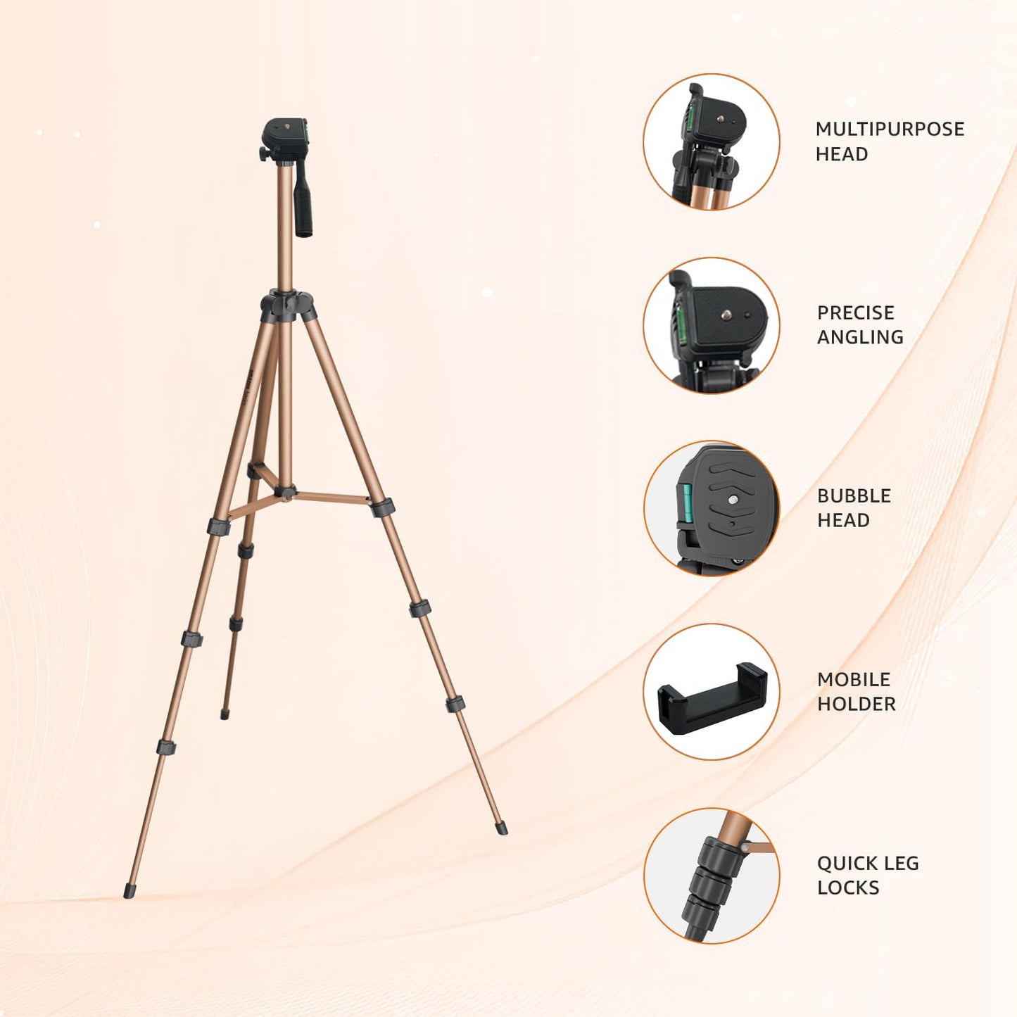 Camera tripod with features highlighted on a beige background