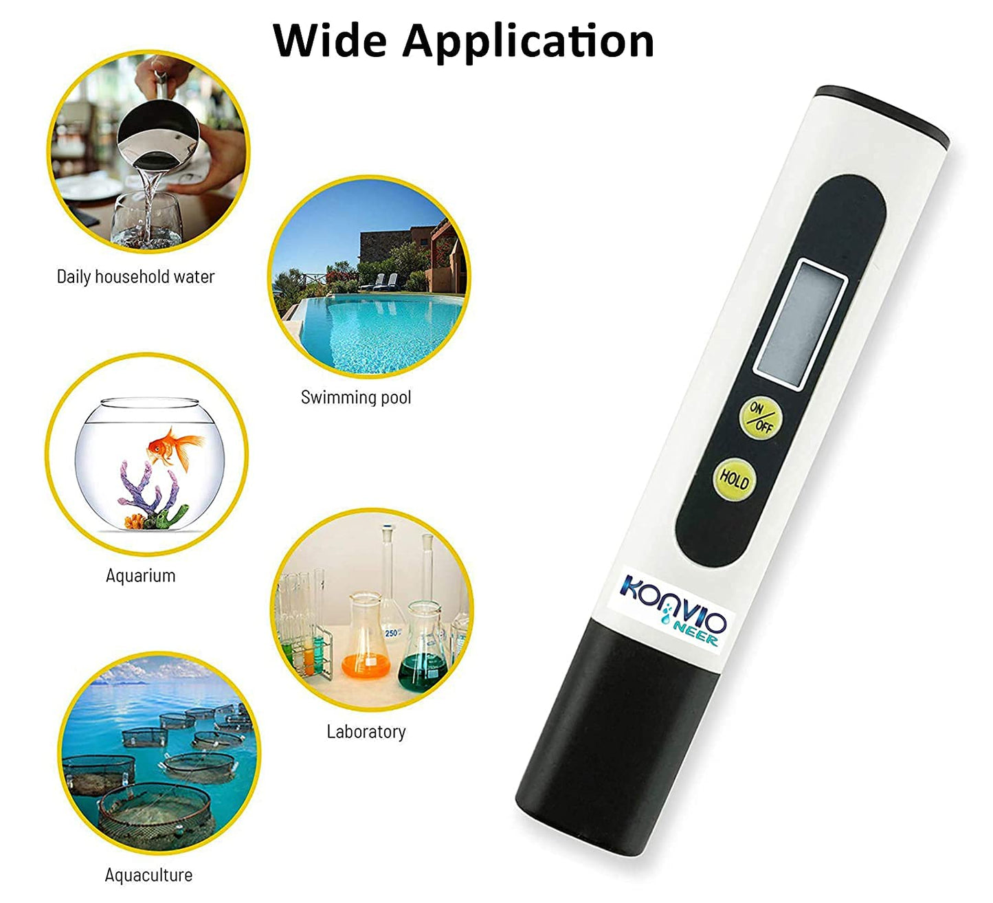 Digital water quality tester with application icons for household, pool, aquarium, and laboratory use.