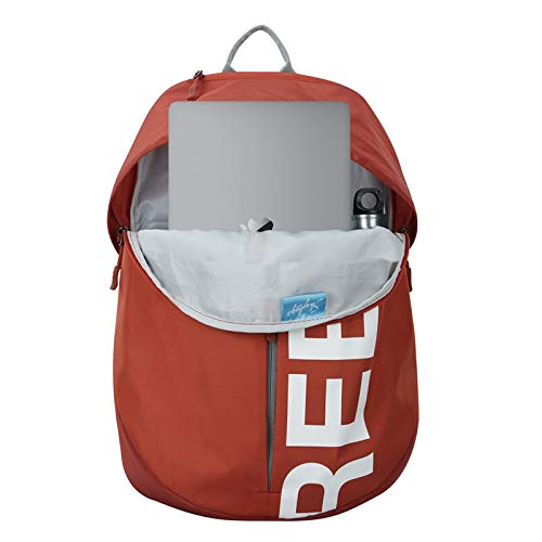Red backpack with open front compartment showing a laptop and water bottle, on a white background.