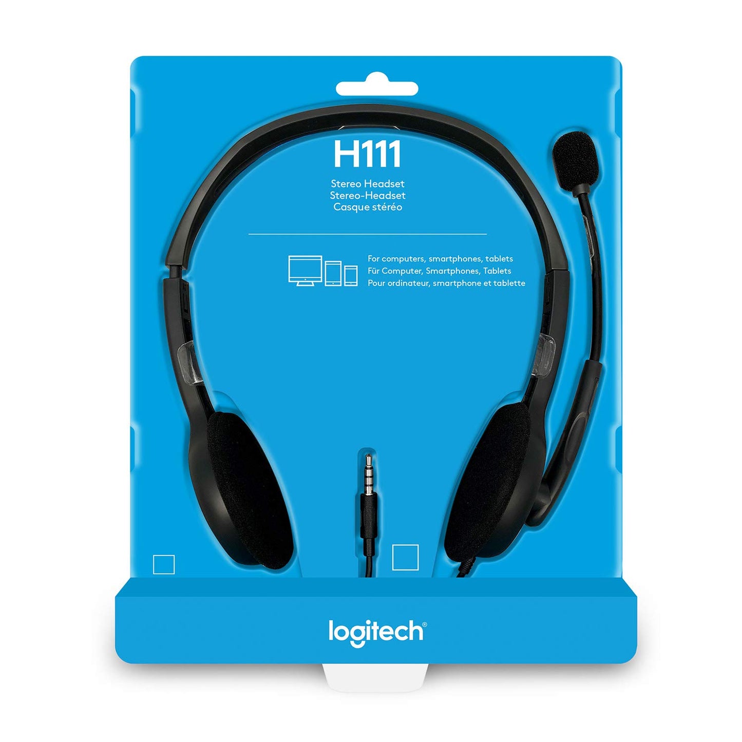 Logitech H111 stereo headset in blue packaging