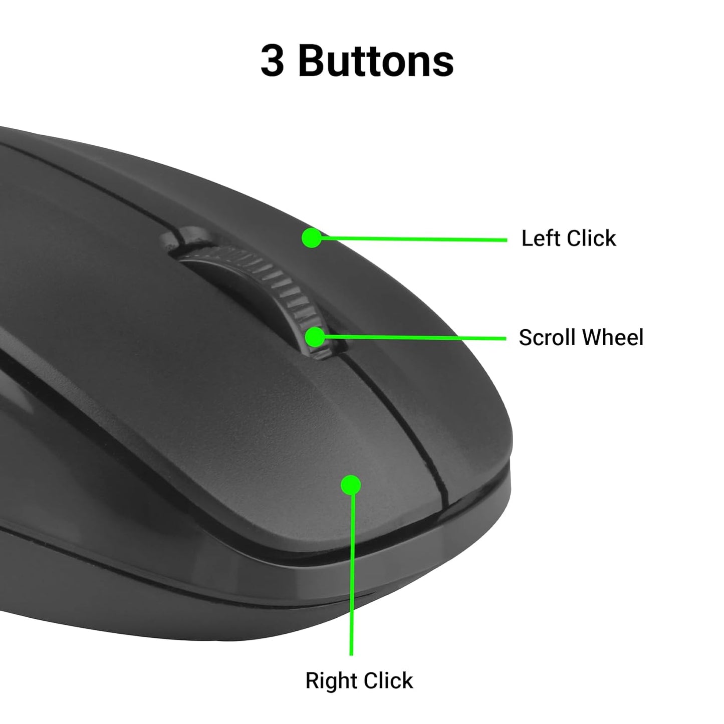 Black computer mouse with labeled buttons on a white background