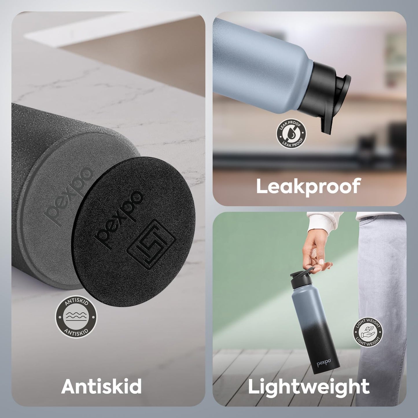 Pexico water bottle with antiskid, leakproof, and lightweight features.
