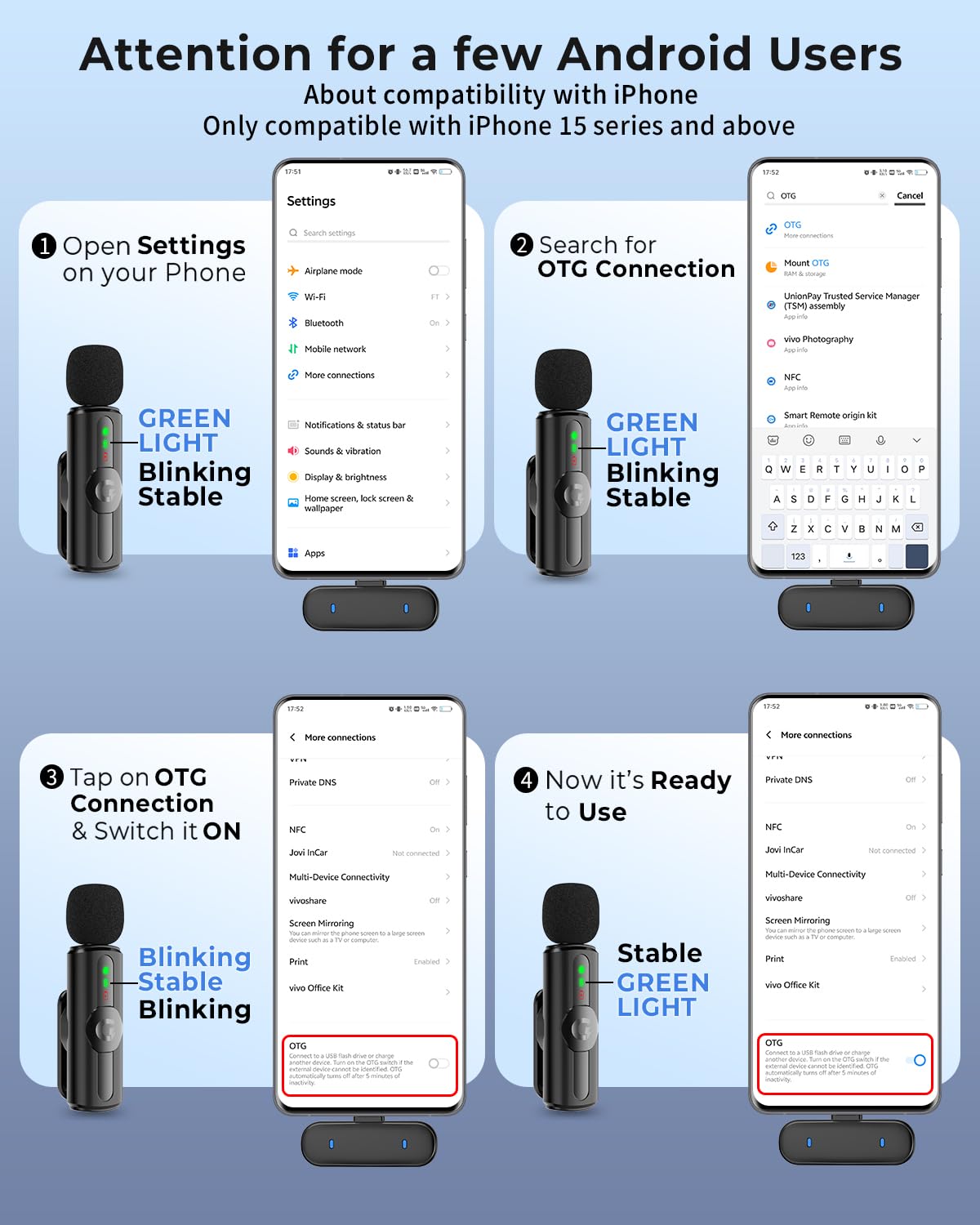 Step-by-step guide for Android users on how to connect a device with OTG connection using smartphone settings.