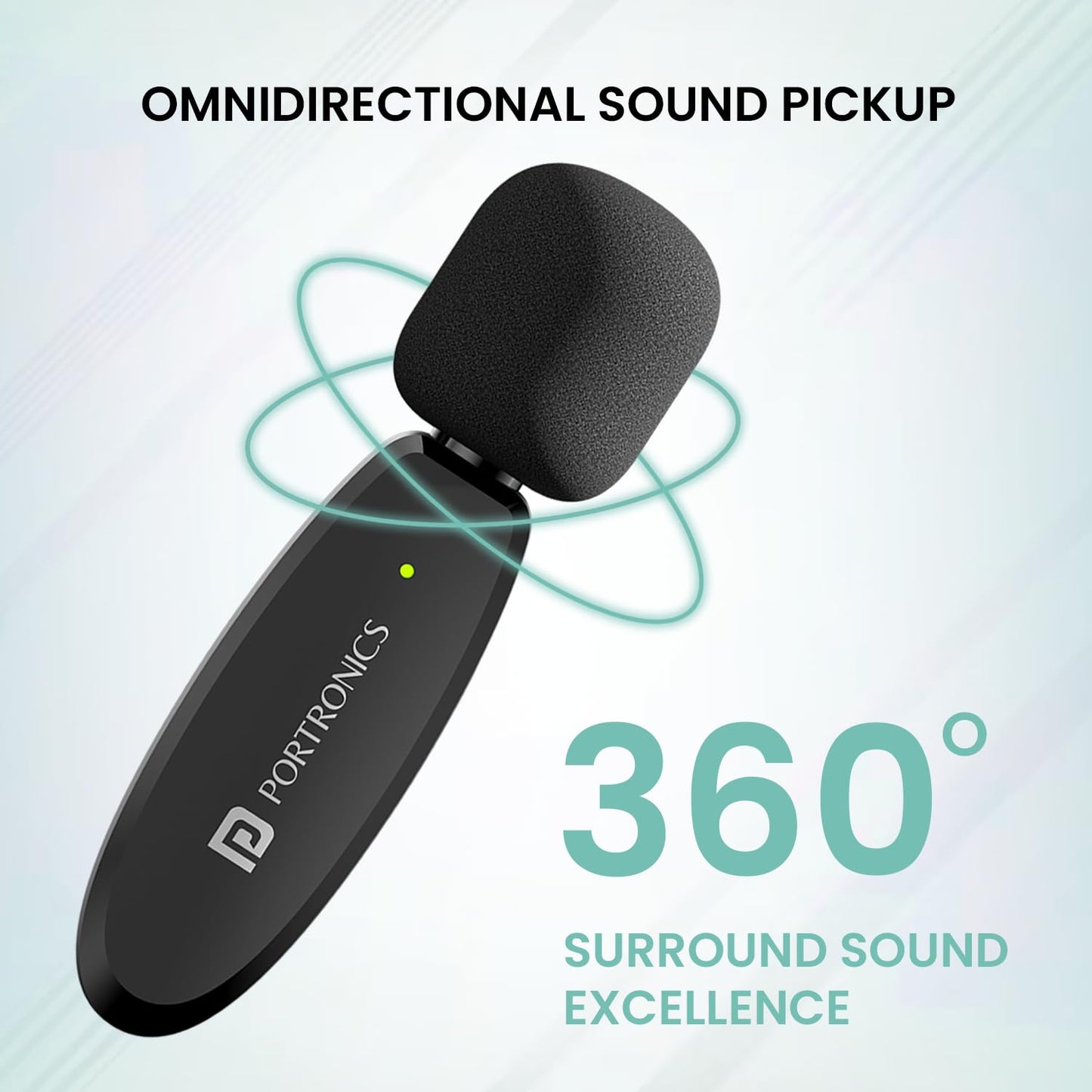 Portronics omnidirectional sound pickup device with 360-degree surround sound on a light gray background