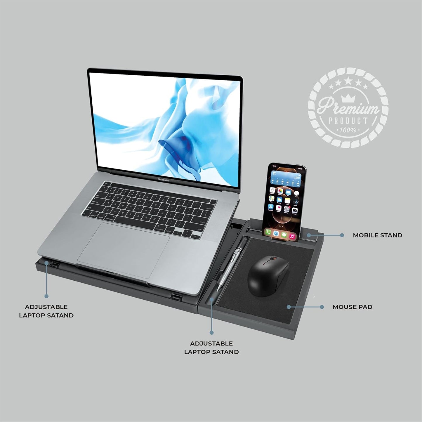 Multi-device stand with laptop, phone, and mouse on a gray background