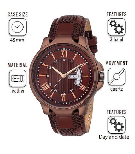 Brown watch with leather strap and detailed face on a white background