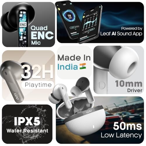 Leaf Buds X342 True Wireless in Ear Earbuds with Ai Sound App, 32H Playtime, Quad Mic with Enc, 50Ms Low Latency, Fast Charging (10Min=210Min), 10Mm Driver, Ipx5, Bluetooth V5.4 TWS (Carbon Black) - Itsmygadgets