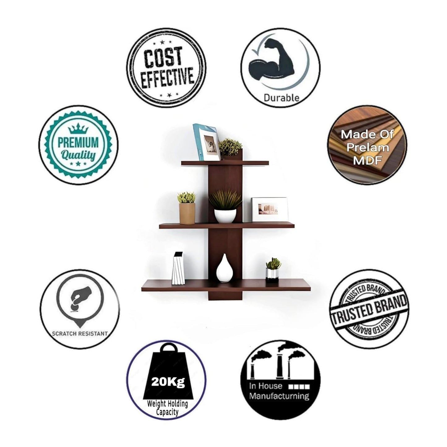 Wooden shelf with decorative items and quality assurance icons on a white background