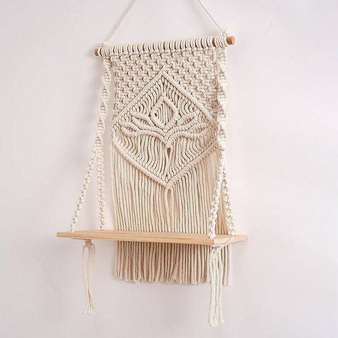 Decazone Macrame Wall Hanging Shelf – Boho Floating Shelf Beige - Itsmygadgets