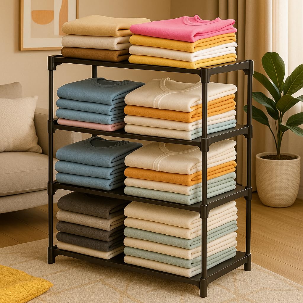 Folded clothes on a metal rack in a room with a couch and plant.