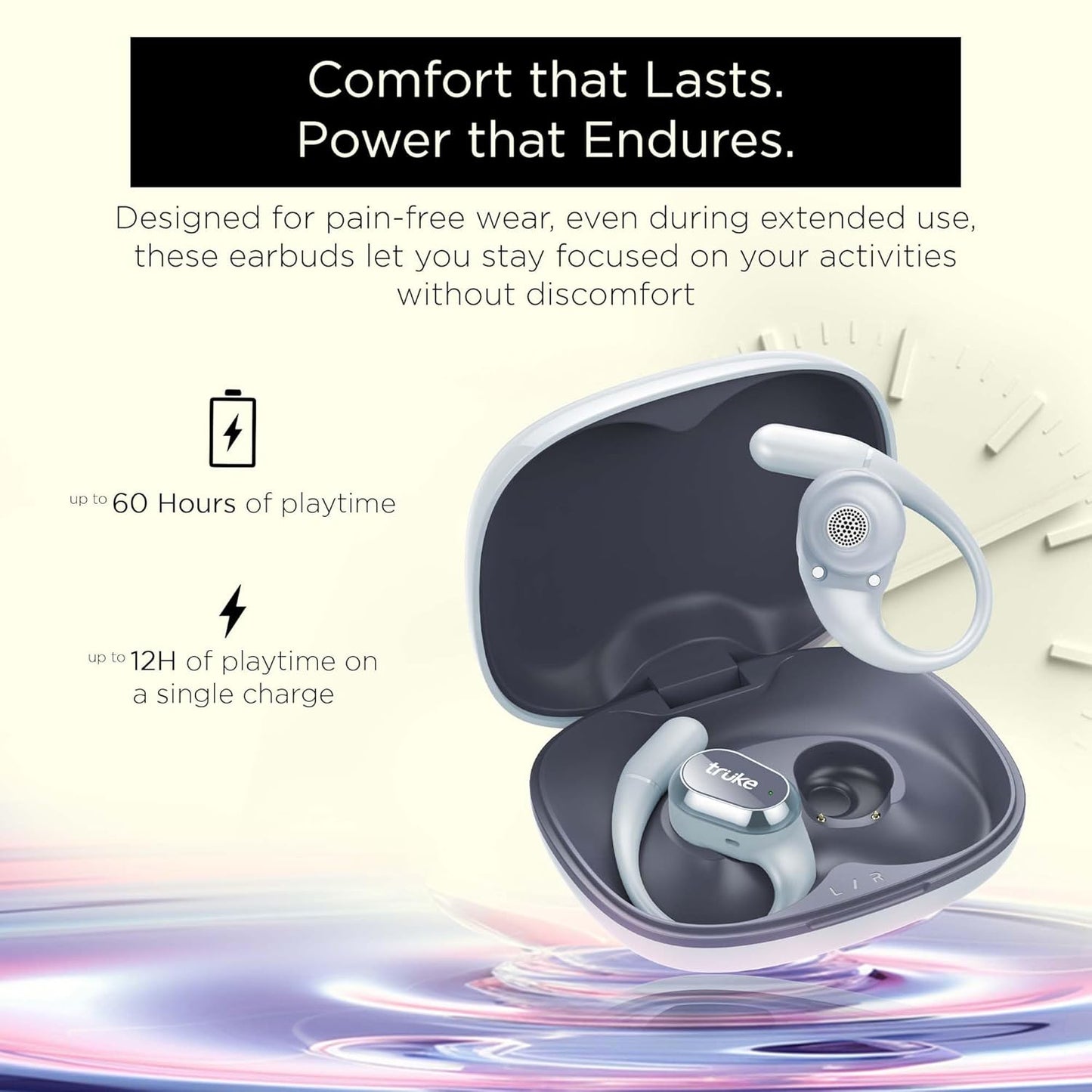 truke Buds Liberty Open-Ear Earbuds in Slate Blue feature 360Spatial™ Audio, 16mm beryllium speakers, 60H playtime, quad-mic clear calls, fast charging, and Bluetooth 5.4. - Itsmygadgets