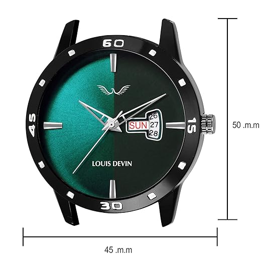 Louis Devin watch with green and black face, showing brand name and dimensions.