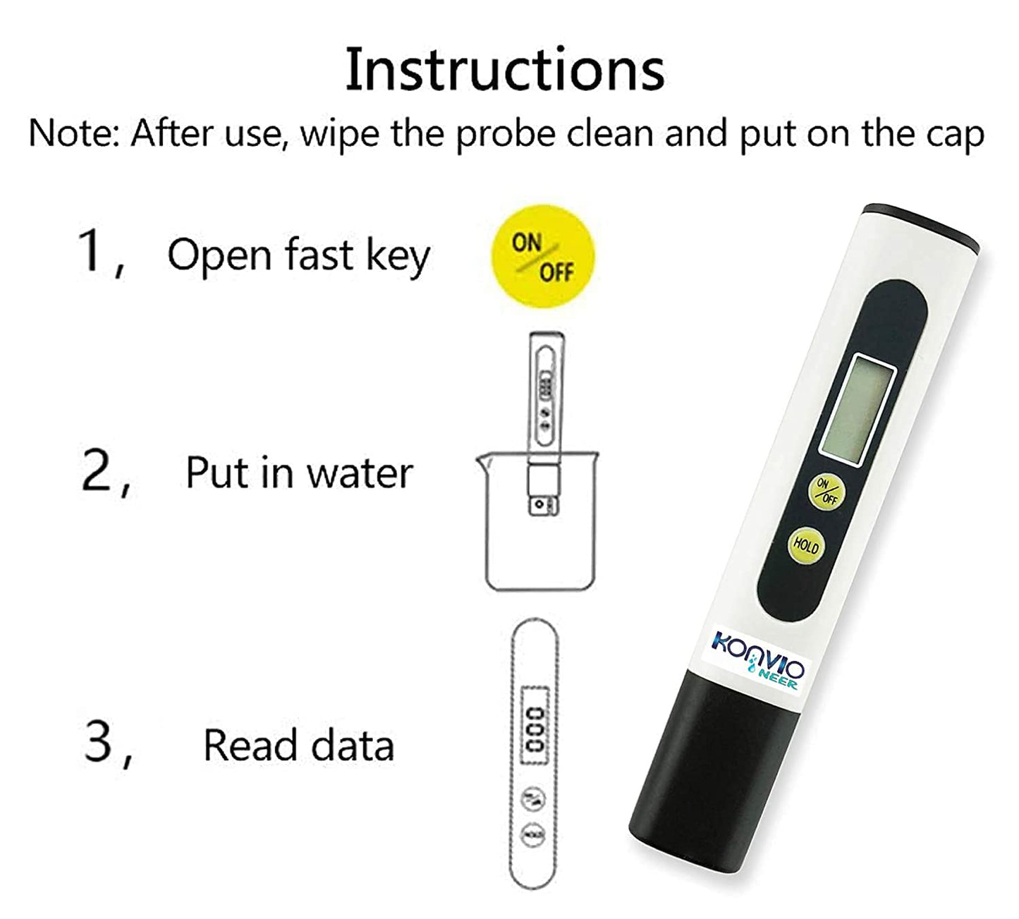 Instructions for using a digital water quality tester with icons and text on a white background.