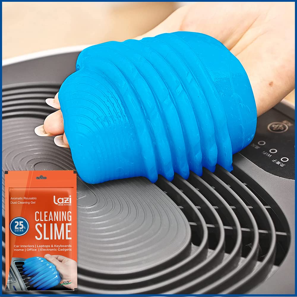 Person using blue cleaning slime on an air filter with a Lozi Cleaning Slime product packaging.