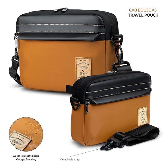 Brown and black bag with detachable strap and water-resistant fabric label on a white background