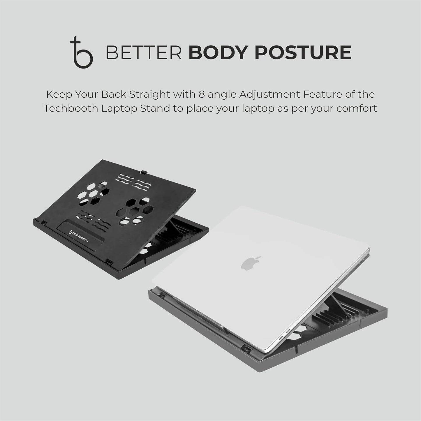 Techbooth laptop stand with adjustable angles on a light gray background