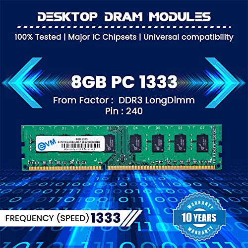 EVM 8GB DDR3 Desktop RAM 1333MHz Long-DIMM Memory - Boost Computer Speed and Performance with Low Latency and Durable Design - 10-Year Warranty (EVMT8G1333U86P) - Itsmygadgets