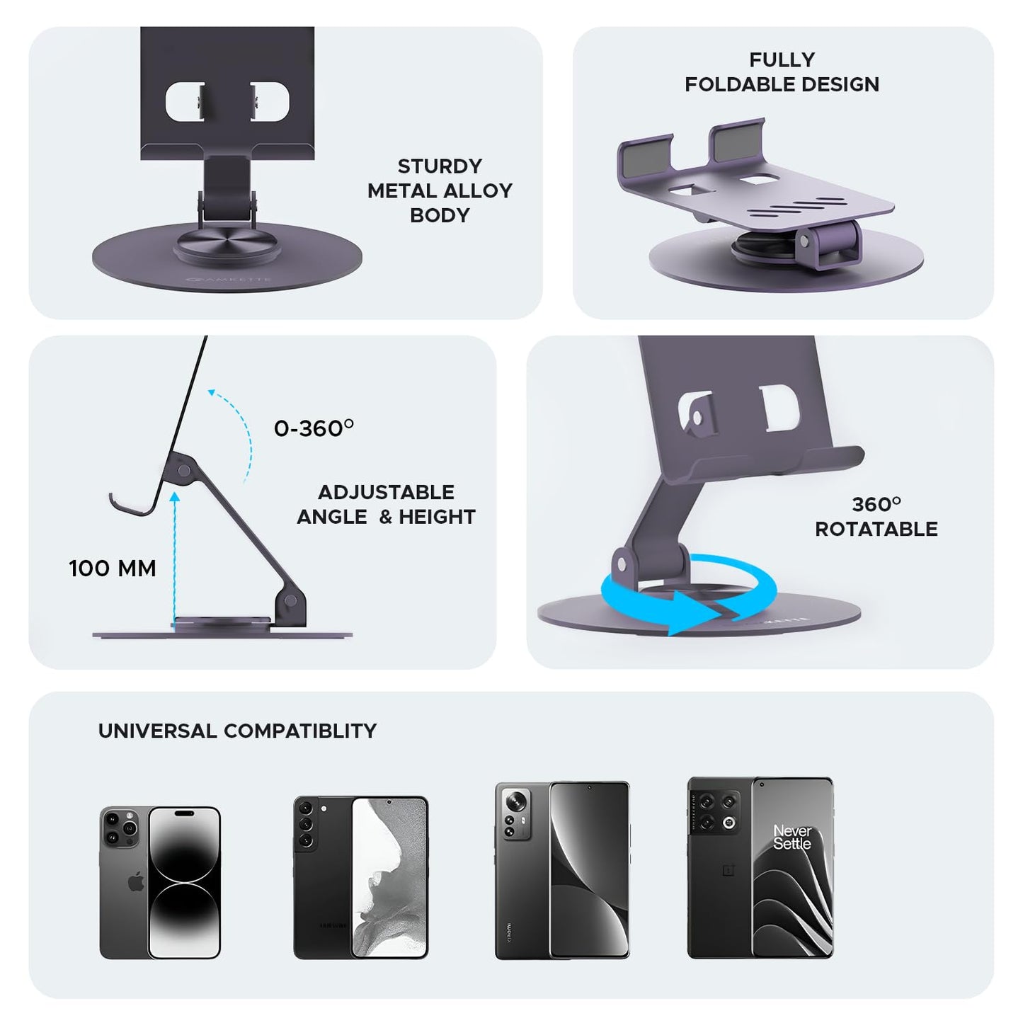 Amkette Ergo 360° Alloy Mobile Stand for Desk, Foldable Design with Stable Rotational Metallic Round Base - Itsmygadgets